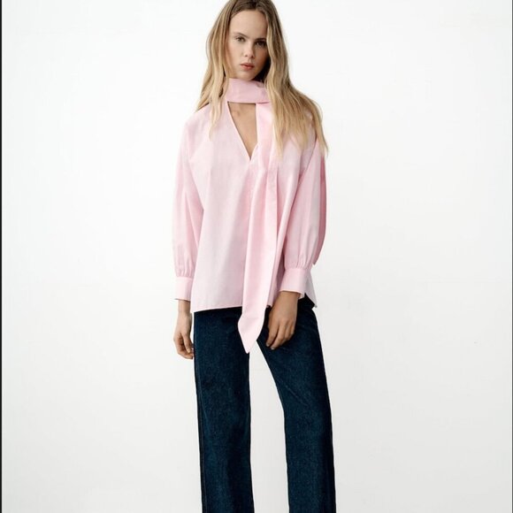 Zara Pink Scarf Neck Blouse, Size Small NWT - Picture 1 of 10